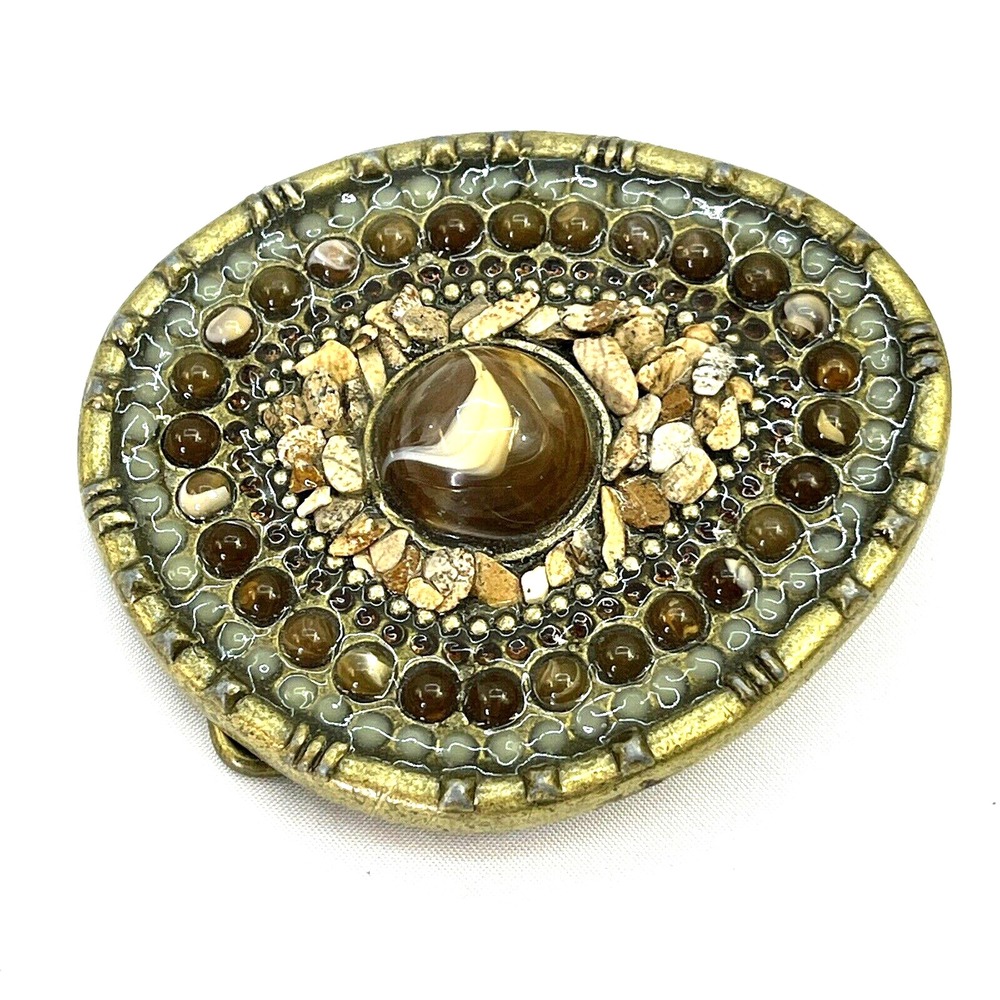 Unbranded Inlaid Stone Belt Buckle 3x2.5"‎ Unique Marble Beads Stones Geometric